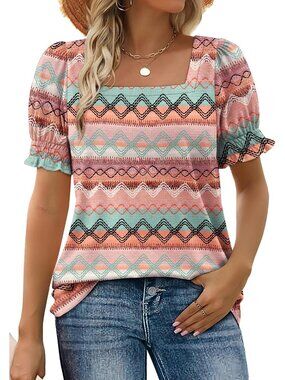 Women's Boho Wavy Square Neck Top Summer Casual Ruffle Trim Sleeve T Shirt